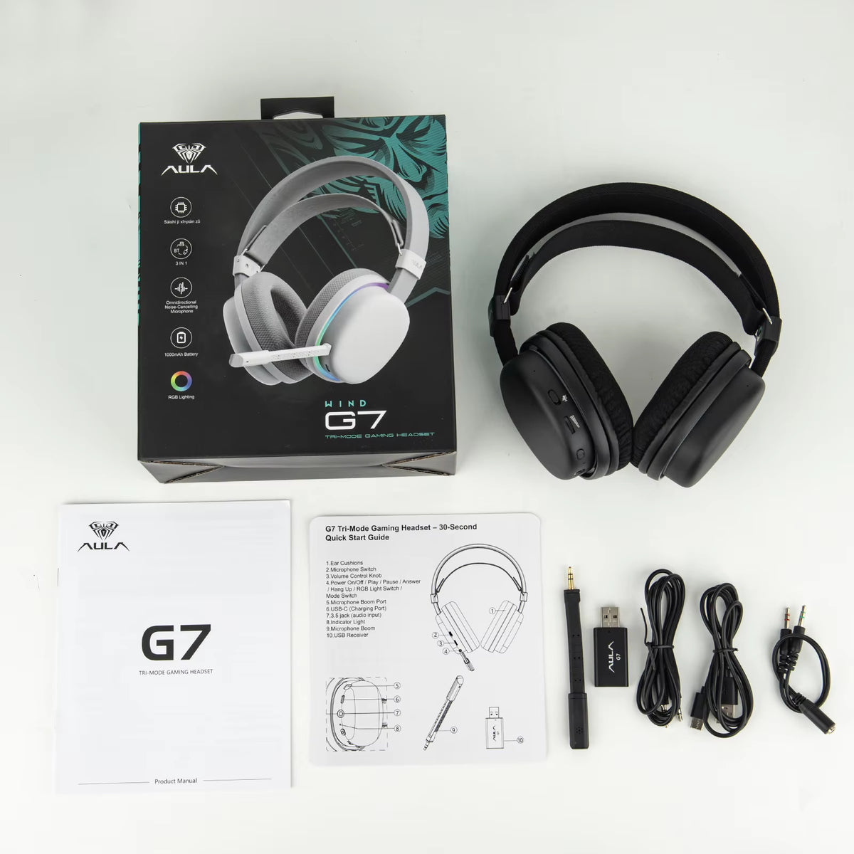 AULA G7 Wireless Gaming Headset, Dual BT 5.3 – 2.4GHz, 7.1 Surround Sound, 80+ Hour Battery, RGB, Noise-Canceling Mic Wing White