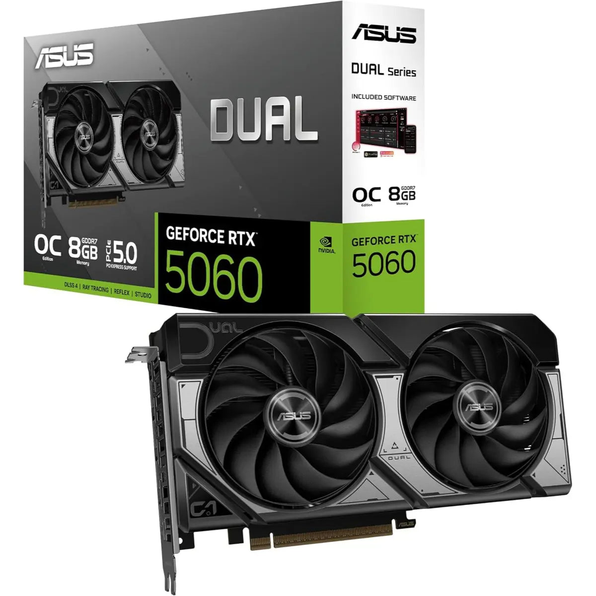 Asus Dual GeForce RTX 5060 8GB GDDR7 OC Edition Graphics Card (PCIe 5.0, 8GB GDDR7, DLSS 4, HDMI 2.1b, DisplayPort 2.1b, 2.5-Slot Design, Axial-tech Fan Design, 0dB Technology, and More)