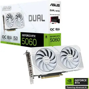 Asus Dual GeForce RTX 5060 White OC Edition 8GB GDDR7 Graphics Card (PCIe 5.0, 8GB GDDR7, DLSS 4, HDMI 2.1b, DisplayPort 2.1b, 2.5-Slot Design, Axial-tech Fan Design, 0dB Technology, and More)
