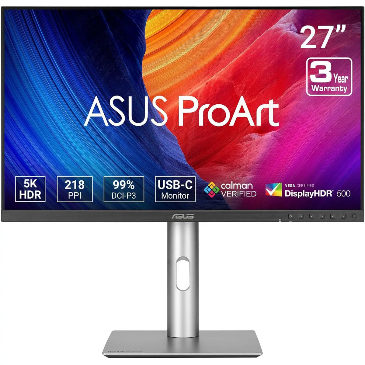 Asus ProArt Display PA27JCV 27” 5K HDR 60Hz Professional Monitor - 5K (5120 x 2880), IPS, 99% DCI-P3, 100% sRGB, USB-C PD 96W, Calman Verified, Color Accurate, Auto KVM, LuxPixel